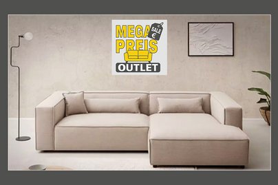Neueröffnung von Mega Preis Outlet mit beiger Wohnlandschaft im Hintergrund und Logo mit gelber Schrift